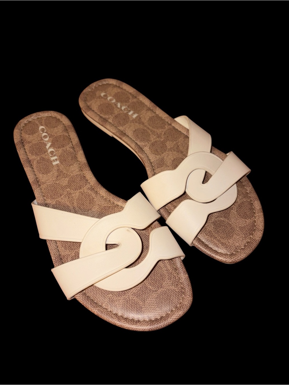 Coach White Leather Slide Sandals with Signature Brown Monogram Insole